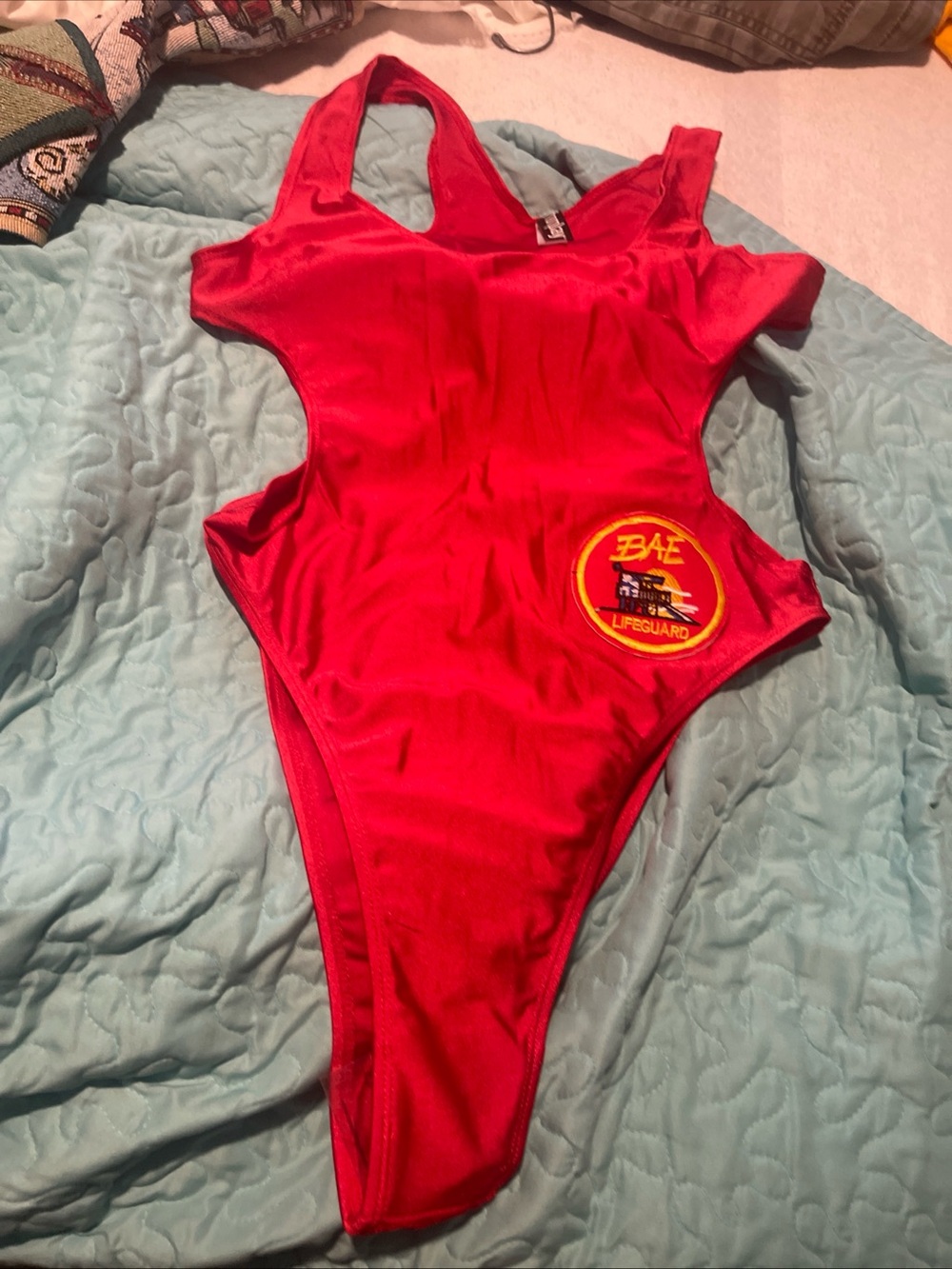 Red One-Piece Lifeguard Style Swimsuit Costume Forplay Brand S/M hi cut legs
